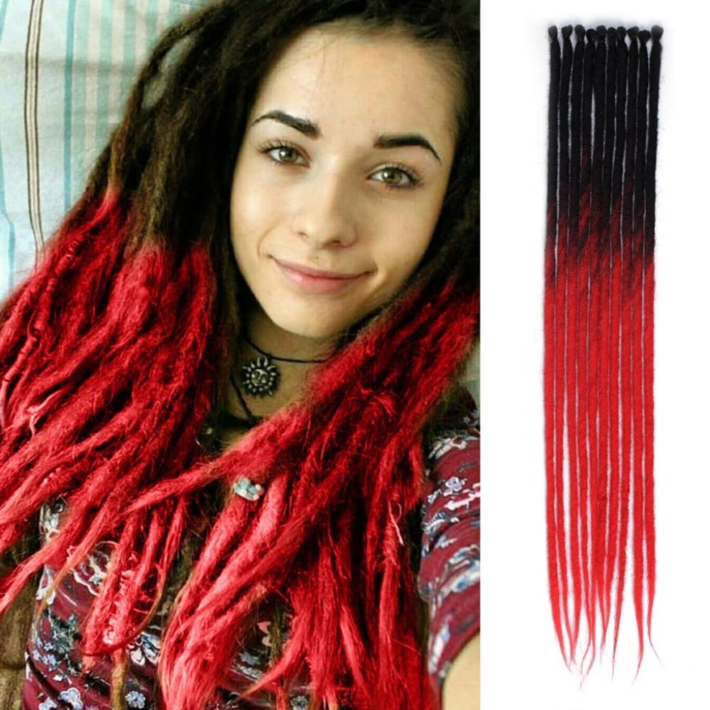 22" Prelooped Ombre Black to Maroon Red Dreadloc Hair Extensions 20pcs